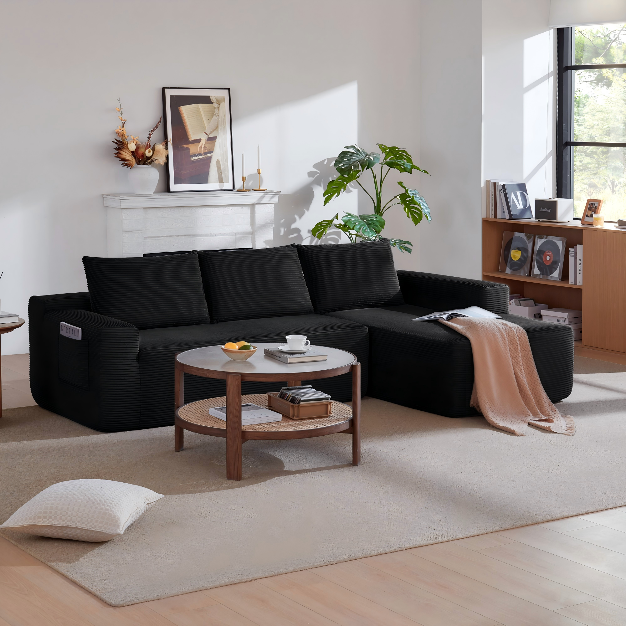 Modern Modular Corduroy Sectional Sofa With L-shaped Chaise Black_voghion.com